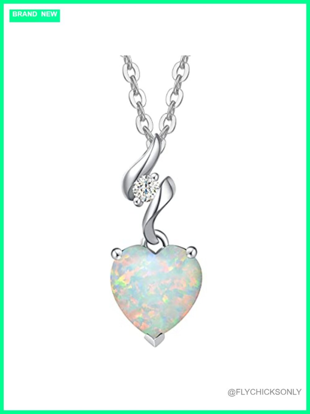 14K Solid White Gold Heart Pendant Necklace with 925 Sterling Silver Chain Opal